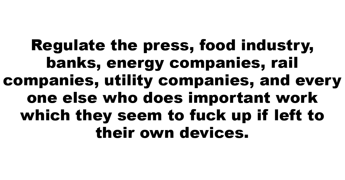 Regulate the press, food industry, banks, energy companies, rail companies, utility companies, and every one else who does important work which they seem to fuck up if left to their own devices.