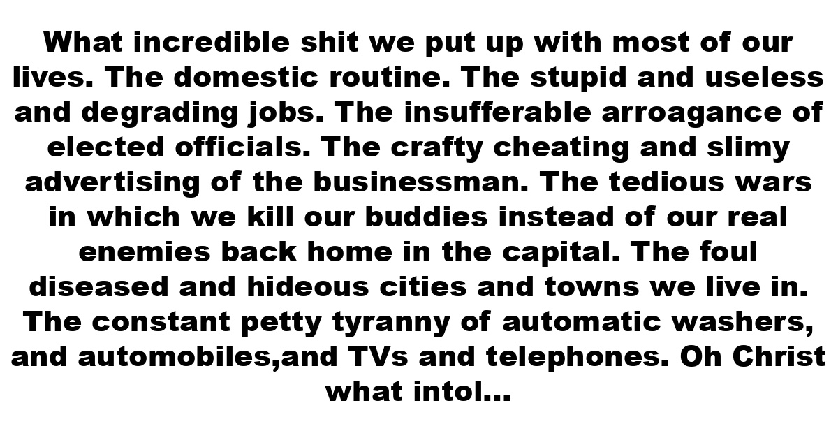 What incredible shit we put up with most of our lives. The domestic routine. The stupid and useless and degrading jobs. The insufferable arroagance of elected officials. The crafty cheating and slimy advertising of the businessman. The tedious wars in which we kill our buddies instead of our real enemies back home in the capital. The foul diseased and hideous cities and towns we live in. The constant petty tyranny of automatic washers, and automobiles,and TVs and telephones. Oh Christ what intolerable garbage and utterly useless crap we bury ourselves in day by day.
